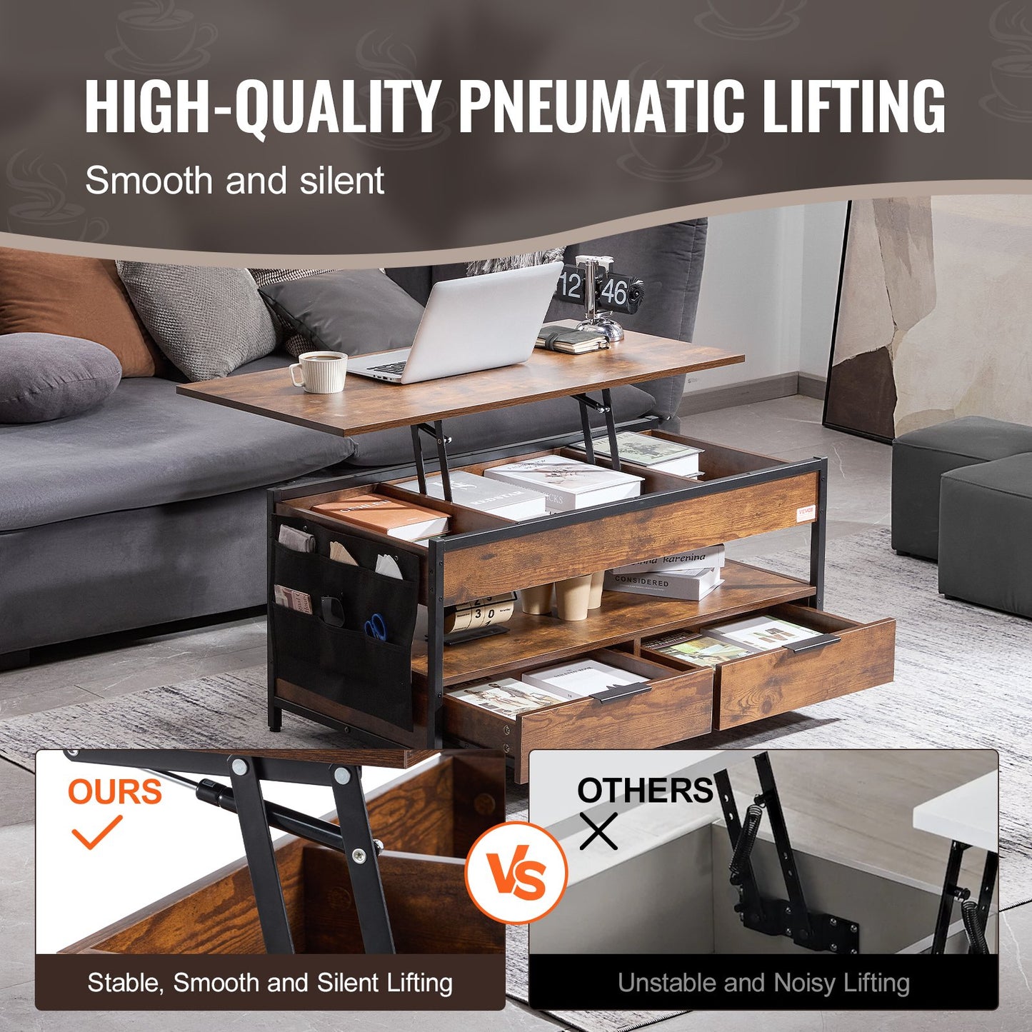 Lift Top Coffee Table, 39.4 in Rectangle Coffee Table with Extra Storage Pockets, Pop Up Coffee Table with Power Strip & USB & Ambient Lighting for Living Room, Brown