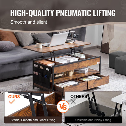 Lift Top Coffee Table, 39.4 in Rectangle Coffee Table with Extra Storage Pockets, Pop Up Coffee Table with Power Strip & USB & Ambient Lighting for Living Room, Brown