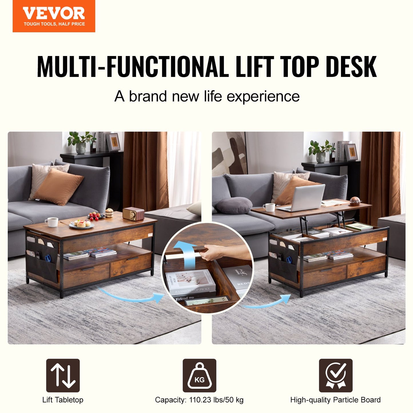 Lift Top Coffee Table 39.4" Rectangular Coffee Table with Light &amp; USB Brown