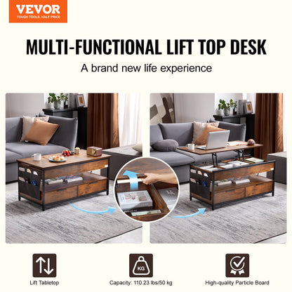 Lift Top Coffee Table 39.4" Rectangular Coffee Table with Light &amp; USB Brown