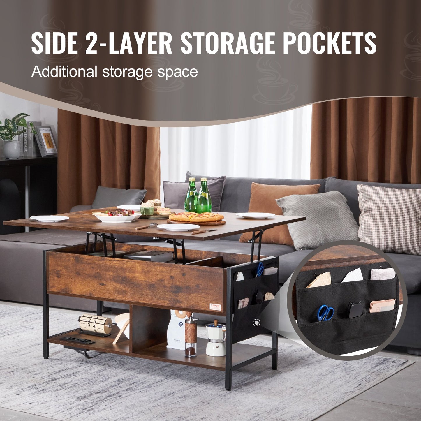 Lift Top Coffee Table, 39.4 in Rectangle Coffee Table with Extra Storage Pockets, Flipable Coffee Table with Power Strip & USB & Ambient Lighting for Living Room, Brown