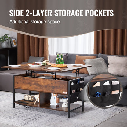 Lift Top Coffee Table, 39.4 in Rectangle Coffee Table with Extra Storage Pockets, Flipable Coffee Table with Power Strip & USB & Ambient Lighting for Living Room, Brown