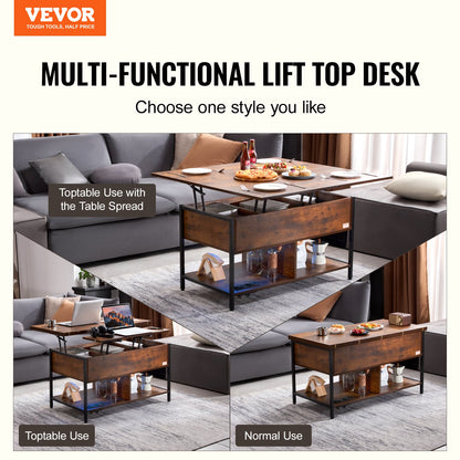 Lift Top Coffee Table 39.4" Rectangular Coffee Table with Light &amp; USB Brown