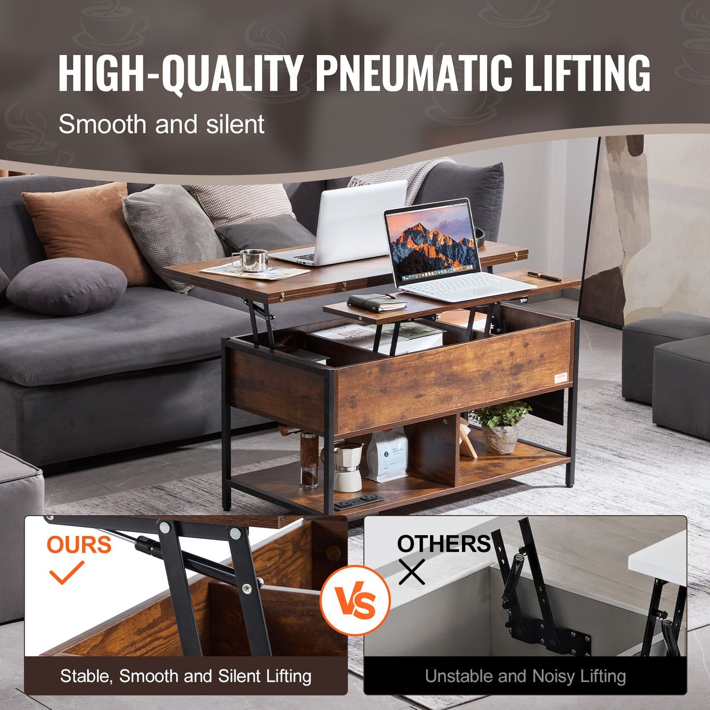 Lift Top Coffee Table 39.4" Rectangular Coffee Table with Light &amp; USB Brown