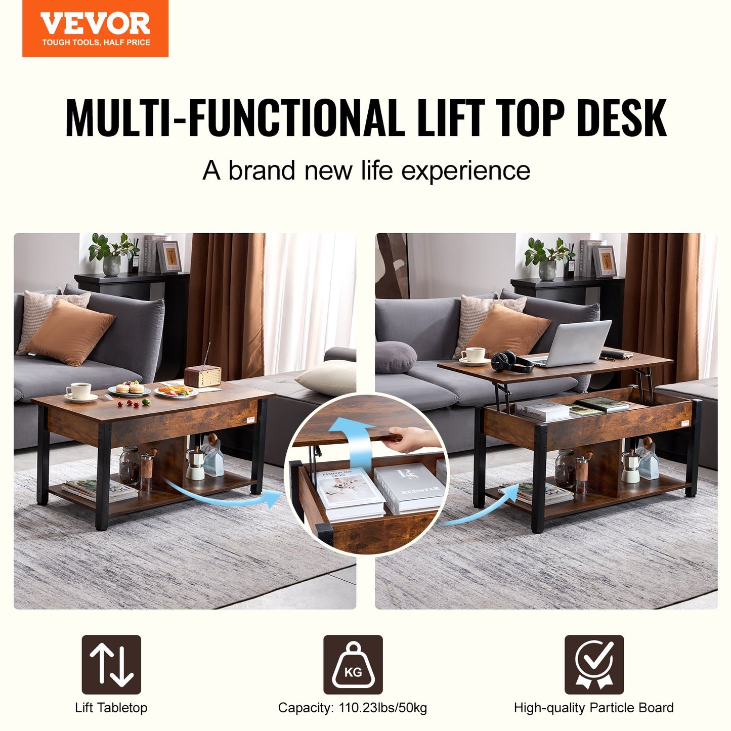 Lift Top Couchtisch 41,7" Rechteckiger Couchtisch für Wohnzimmer Braun