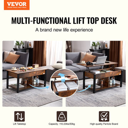 Lift Top Couchtisch 41,7" Rechteckiger Couchtisch für Wohnzimmer Braun