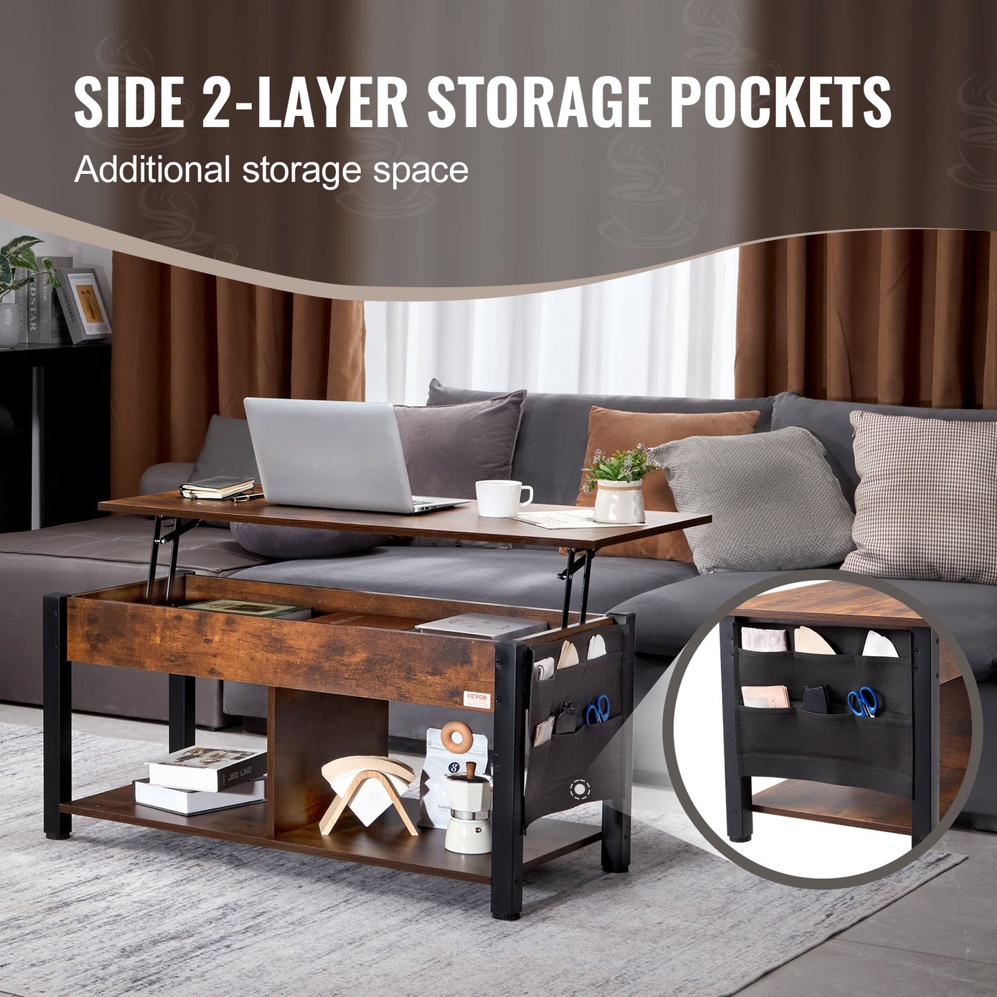 Lift Top Couchtisch 41,7" Rechteckiger Couchtisch für Wohnzimmer Braun