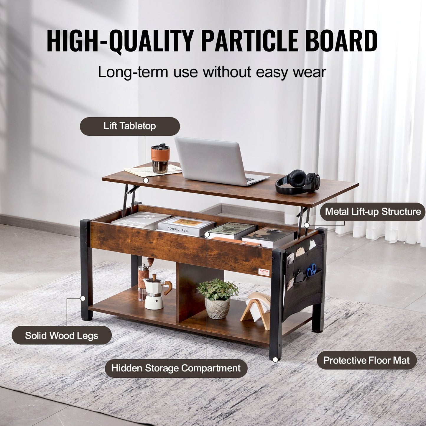 Lift Top Couchtisch 41,7" Rechteckiger Couchtisch für Wohnzimmer Braun