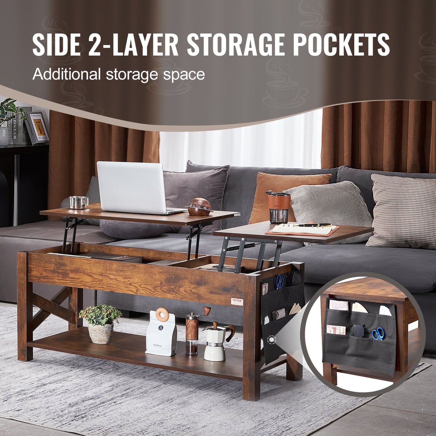 Lift Top Couchtisch 47,5" Rechteckiger Couchtisch für Wohnzimmer Braun