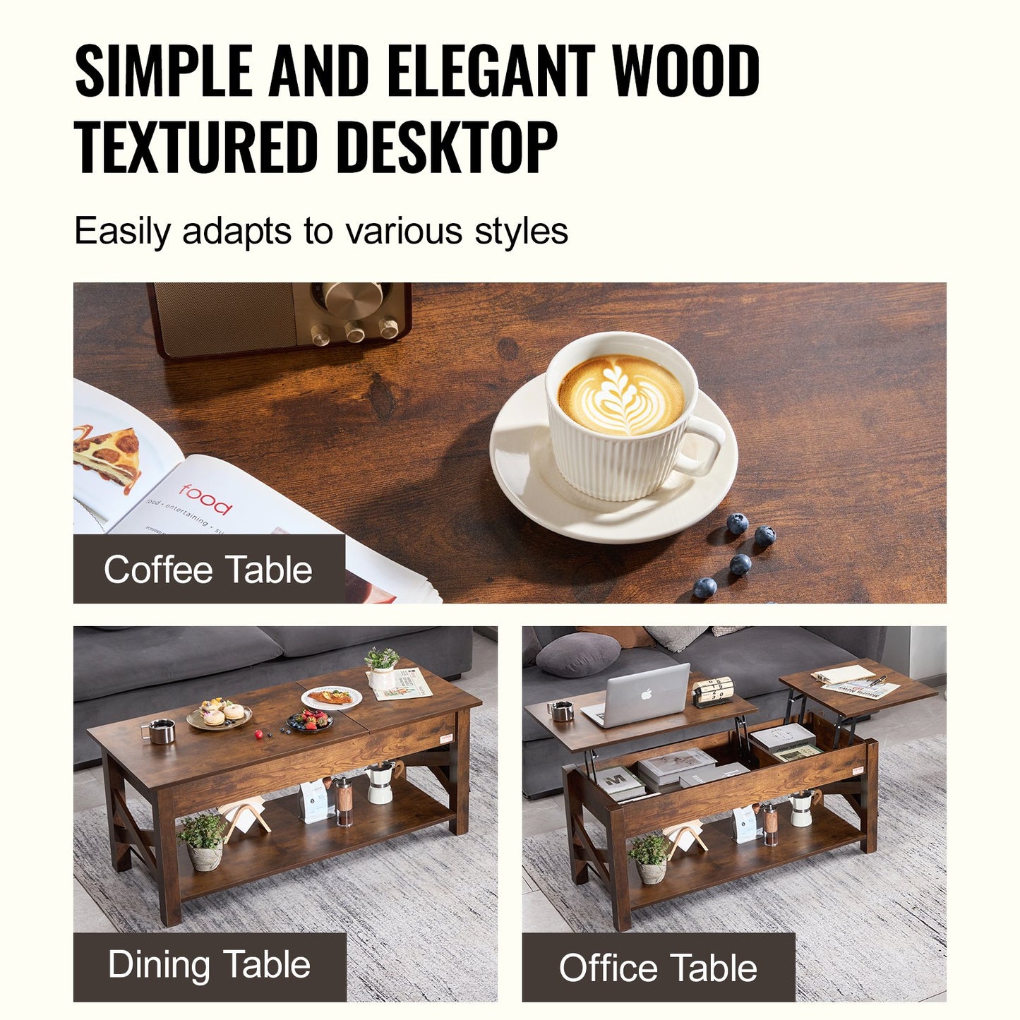 Lift Top Couchtisch 47,5" Rechteckiger Couchtisch für Wohnzimmer Braun