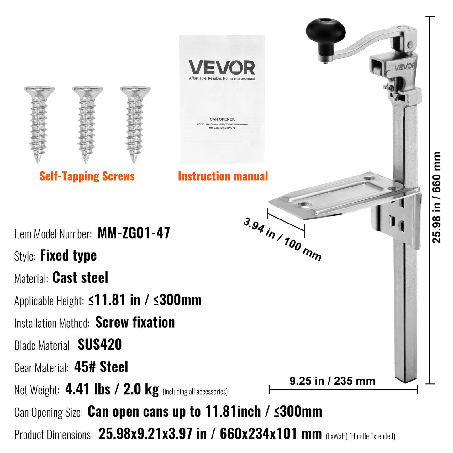 Commercial Can Opener, Heavy-Duty Manual Tabletop Cans Opener for Cans Up to 11.8 in Height, Height-Adjustable Professional Can Openers Fixed with Screws, for Restaurant, Hotel, and Food Store