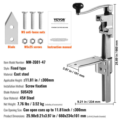 Manual Can Opener, Sturdy Tabletop Can Opener for Big Cans, Robust Can Opener with Stand, Height-Adjustable Professional Jar Opener, Suitable for Cans Up to 11.8" in Height, Ideal for Restaur