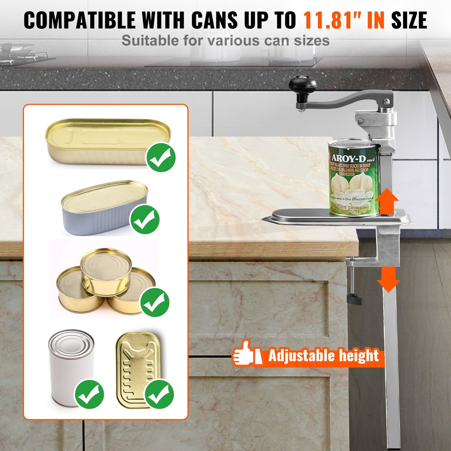 Commercial Can Opener, Heavy-Duty Manual Tabletop Cans Opener for Cans Up to 11.8 in Height, Height-Adjustable Can Openers Fixed with Screws & Table Clamp, for Restaurant, Hotel, and Food Store