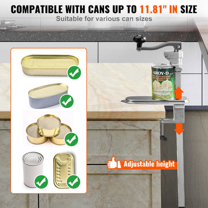 Commercial Can Opener, Heavy-Duty Manual Tabletop Cans Opener for Cans Up to 11.8 in Height, Height-Adjustable Can Openers Fixed with Screws & Table Clamp, for Restaurant, Hotel, and Food Store