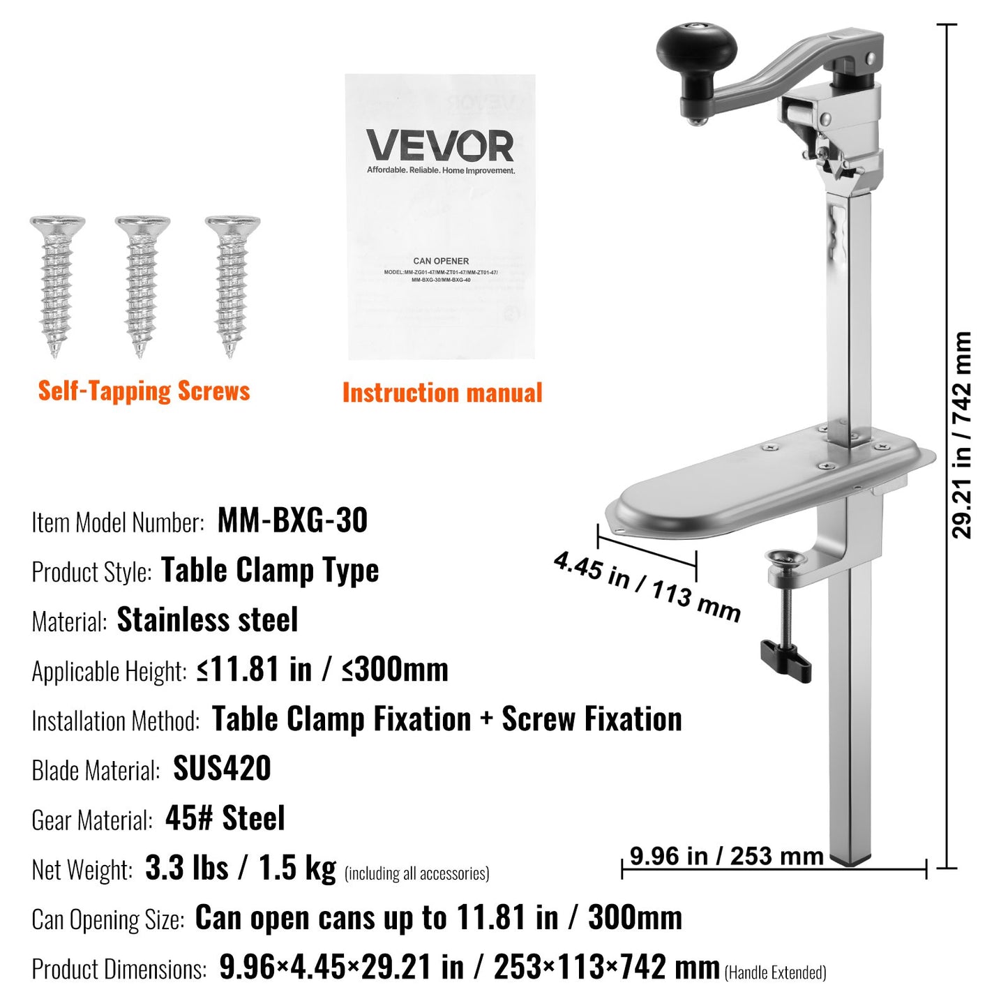 Commercial Can Opener, Heavy-Duty Manual Tabletop Cans Opener for Cans Up to 11.8 in Height, Height-Adjustable Can Openers Fixed with Screws & Table Clamp, for Restaurant, Hotel, and Food Store