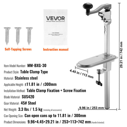 Commercial Can Opener, Heavy-Duty Manual Tabletop Cans Opener for Cans Up to 11.8 in Height, Height-Adjustable Can Openers Fixed with Screws & Table Clamp, for Restaurant, Hotel, and Food Store
