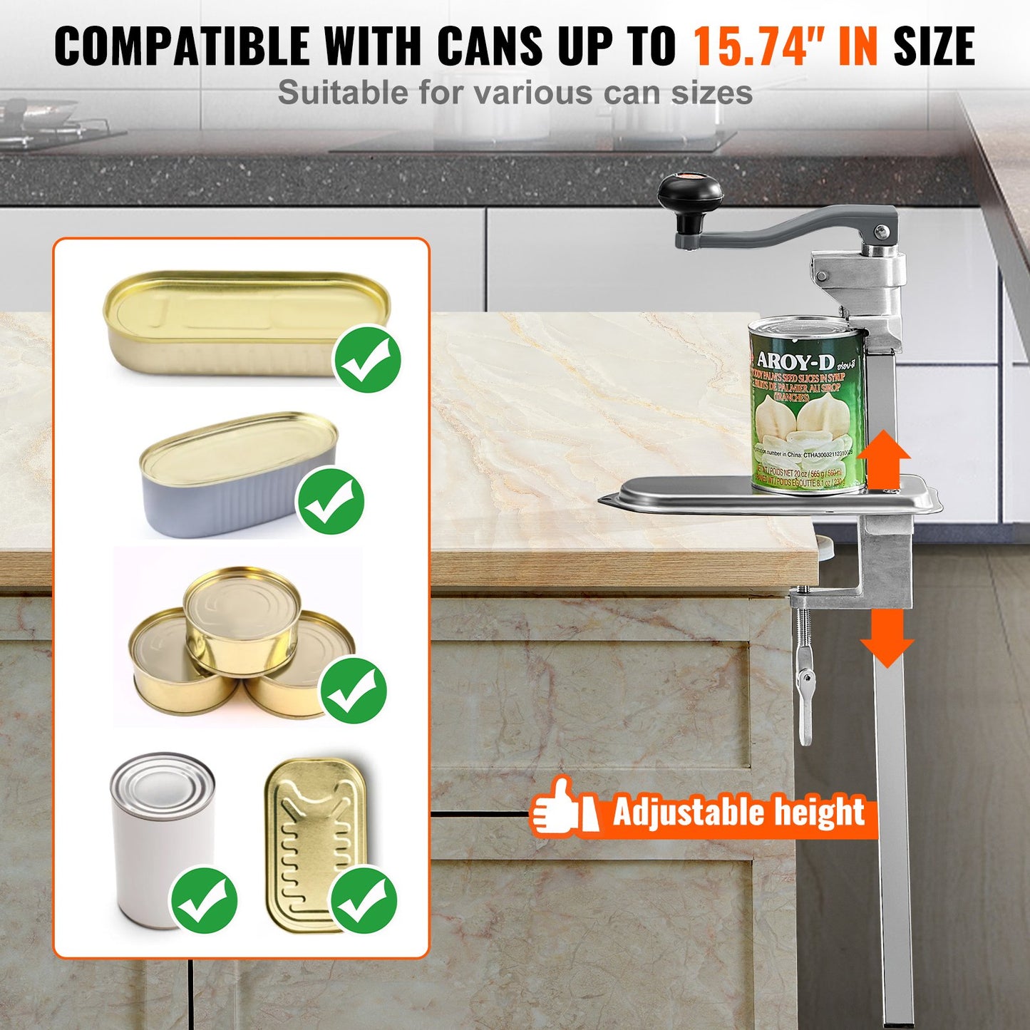 Manual Can Opener, Commercial Tabletop Clamp Opener for Large Cans, Heavy Duty Can Opener with Base, Adjustable Height Industrial Can Opener for Cans Up to 15.7 Inch Tall, for Restaurant Hotel Home Bar