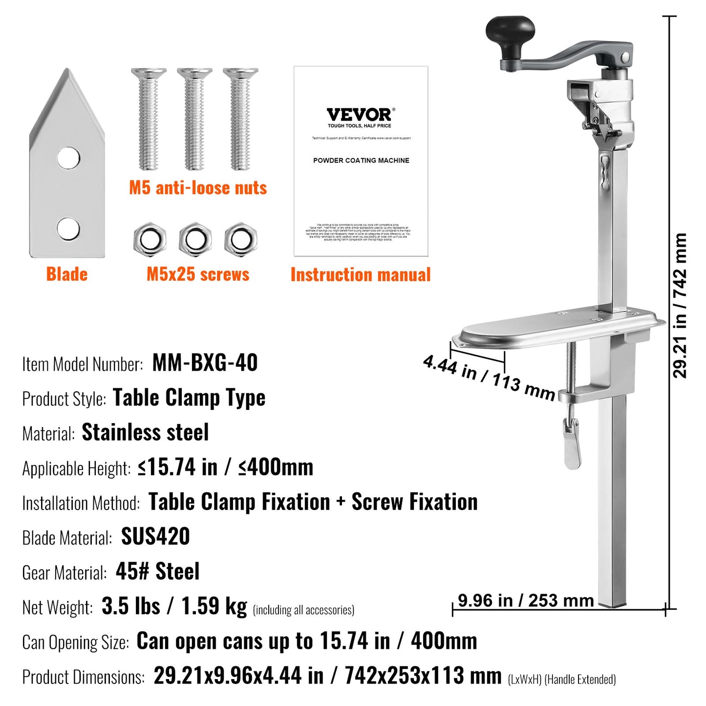 Manual Can Opener, Sturdy Table-Mounted Opener for Big Cans, Durable with Stand, Height-Adjustable Professional Bottle Opener, Suitable for Cans Up to 15.7" High, Ideal for Restaurants, Hotel