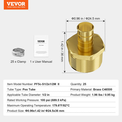 Pipe Fittings, 1/2" 25PCS Brass Pipe Fittings, Clamp-style 1/2 NPT External Thread Pipe Connector Brass Air Fittings, Plumbing Fittings NPT Adapter for Heating/Shower Systems, Water Pipes