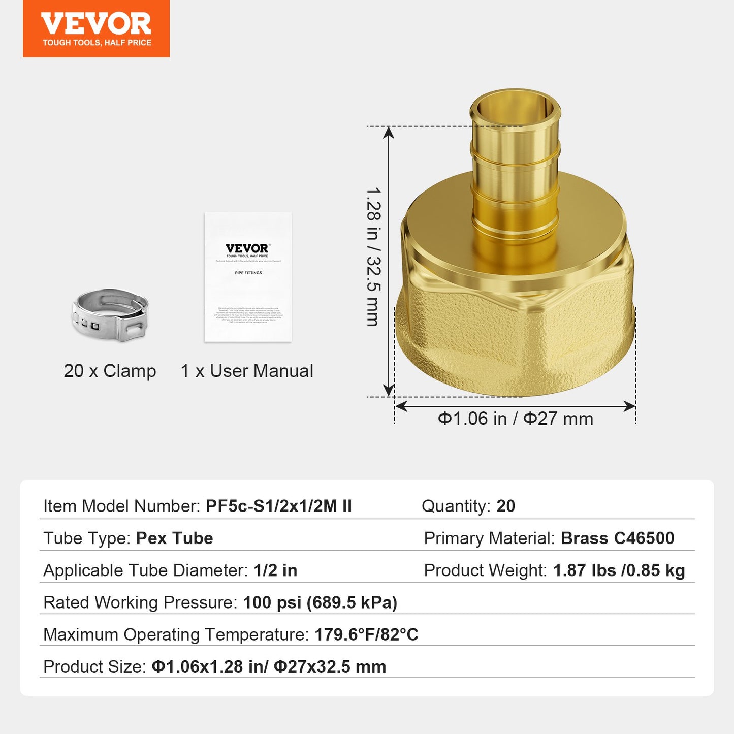 Pipe Fittings, 1/2" 20PCS Brass Pipe Fittings, Clamp-style 1/2 NPT Internal Thread Pipe Connector Brass Air Fittings, Heavy Duty Plumbing Fittings NPT Adapter for Heating/Shower Systems, Water Pipes