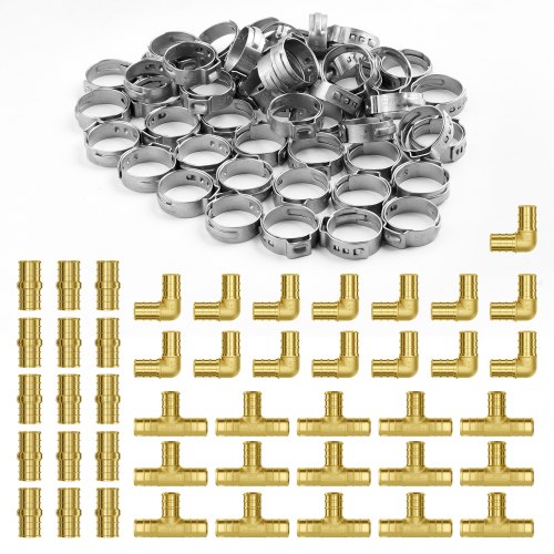 Pipe Fittings, 1/2" 45PCS (15xStraight, 15xElbows, 15xTees) Brass Pipe Fittings, Push-Fit Pipe Connector Brass Air Fittings, Plumbing Fittings Adapter for Heating/Shower Systems, Water Pipes