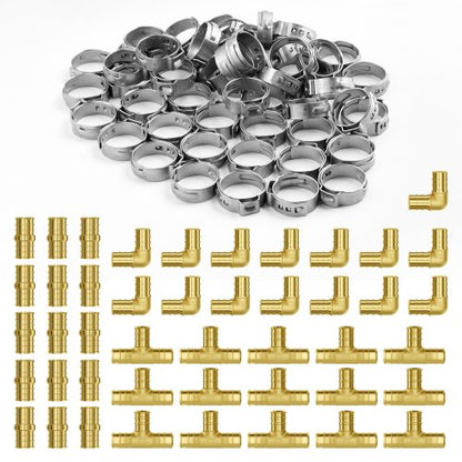 Pipe Fittings, 1/2" 45PCS (15xStraight, 15xElbows, 15xTees) Brass Pipe Fittings, Push-Fit Pipe Connector Brass Air Fittings, Plumbing Fittings Adapter for Heating/Shower Systems, Water Pipes