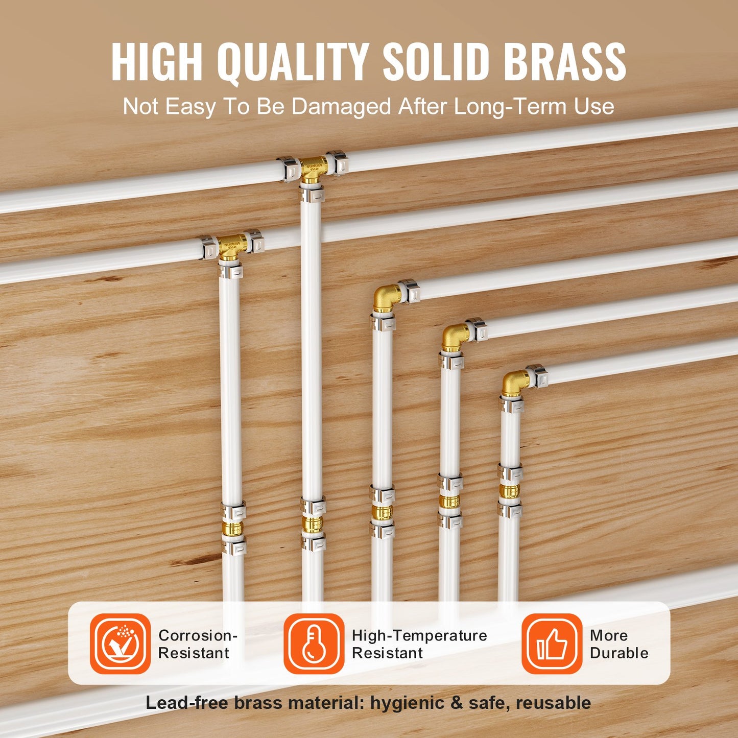 Pipe Fittings, 1/2" 45PCS (15xStraight, 15xElbows, 15xTees) Brass Pipe Fittings, Push-Fit Pipe Connector Brass Air Fittings, Plumbing Fittings Adapter for Heating/Shower Systems, Water Pipes