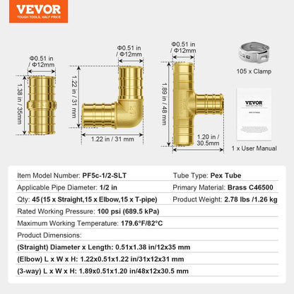 Pipe Fittings, 1/2" 45PCS (15xStraight, 15xElbows, 15xTees) Brass Pipe Fittings, Push-Fit Pipe Connector Brass Air Fittings, Plumbing Fittings Adapter for Heating/Shower Systems, Water Pipes