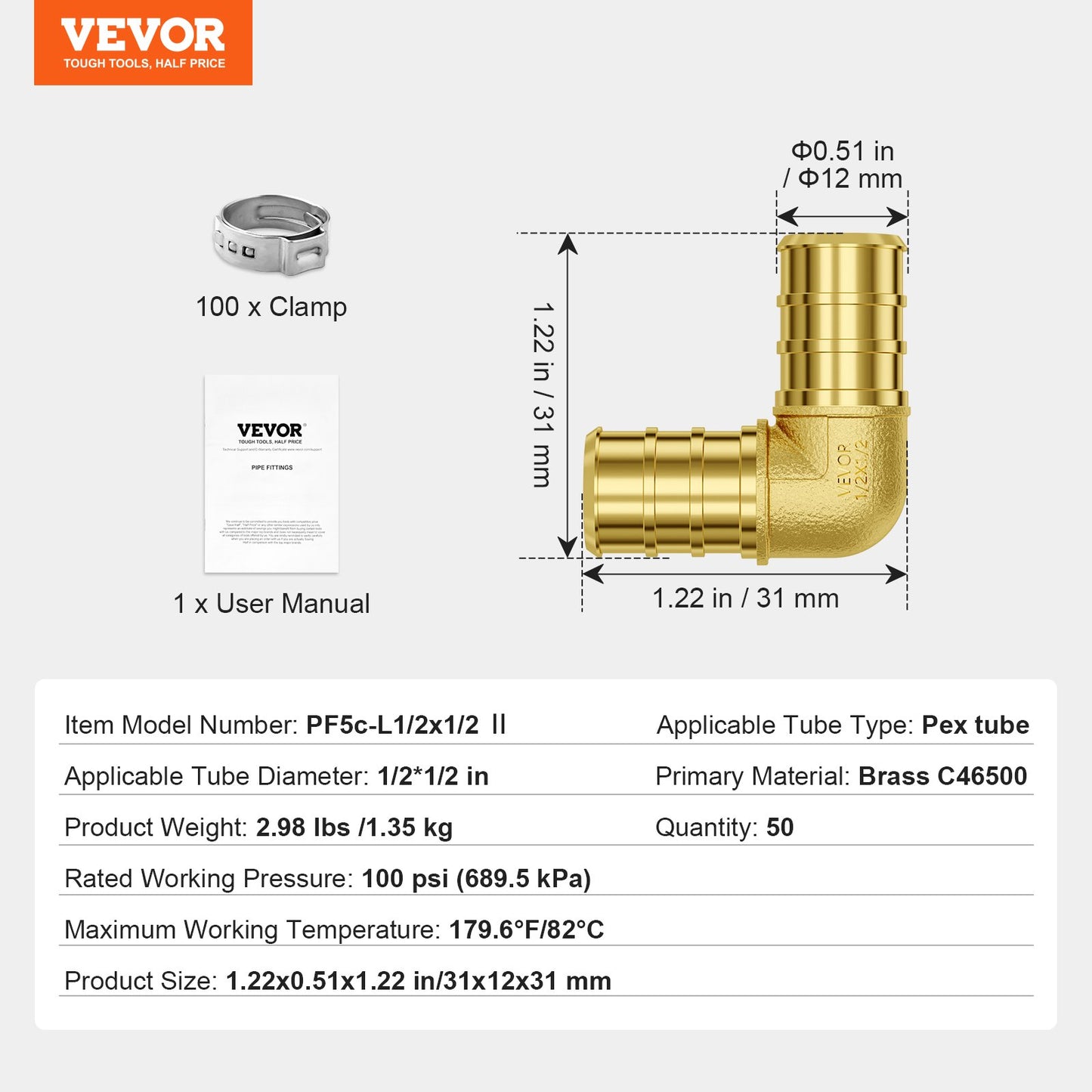 Pipe Fittings, 1/2" 50PCS Brass Pipe Fittings, Clamp-style Elbows Pipe Connector Brass Air Fittings, Heavy Duty Plumbing Fittings Tube Adapter for Heating/Shower Systems, Outdoor Water Pipes