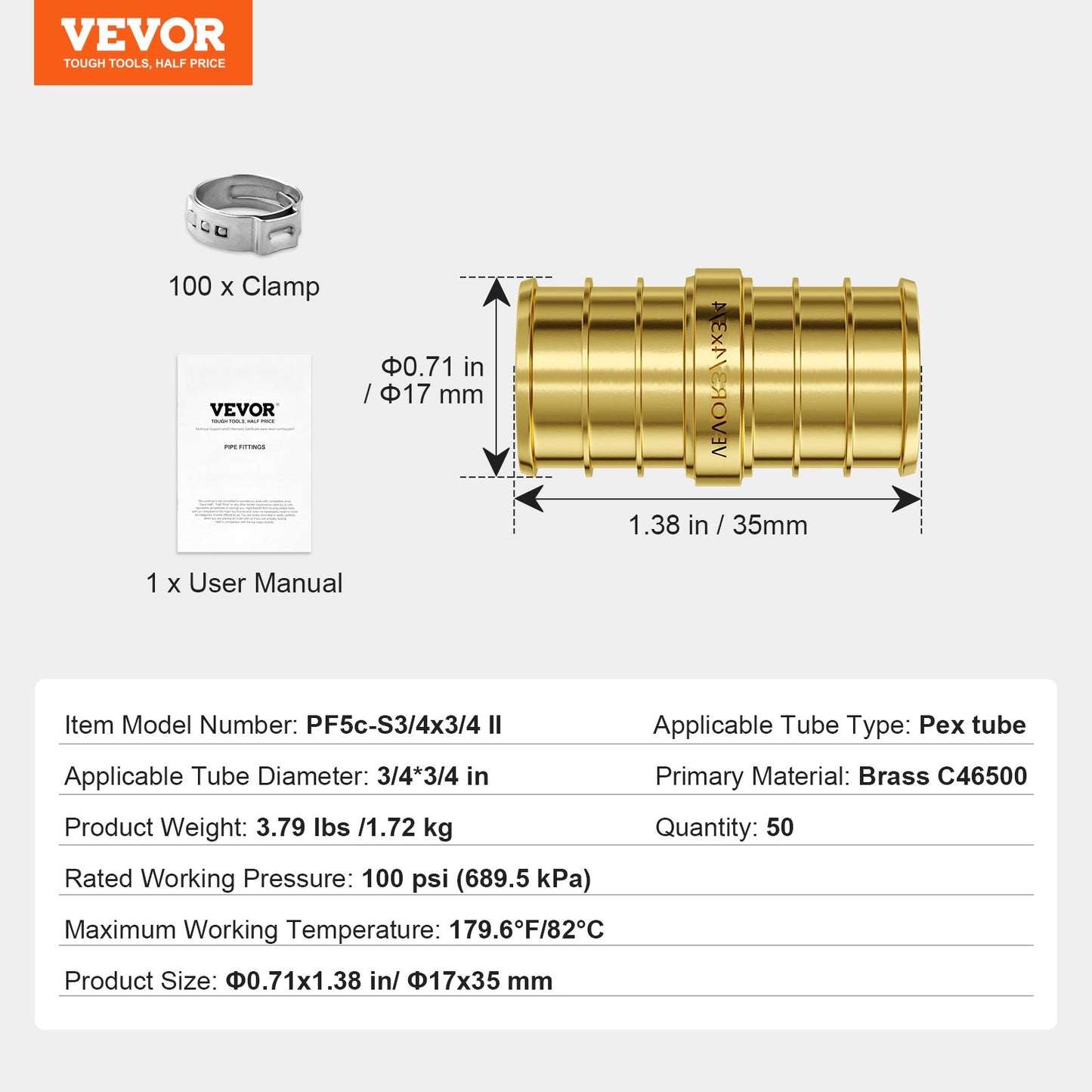 Pipe Fittings, 3/4" 50PCS Brass Pipe Fittings, Clamp-style Straight-Through Pipe Connector Brass Air Fittings, Heavy Duty Plumbing Fittings Tube Adapter for Heating/Shower Systems,Water Pipes