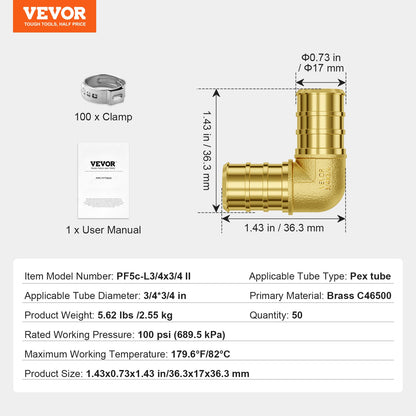 Pipe Fittings, 3/4" 50PCS Brass Pipe Fittings, Clamp-style Elbows Pipe Connector Brass Air Fittings, Heavy Duty Plumbing Fittings Tube Adapter for Heating/Shower Systems,Outdoor Water Pipes