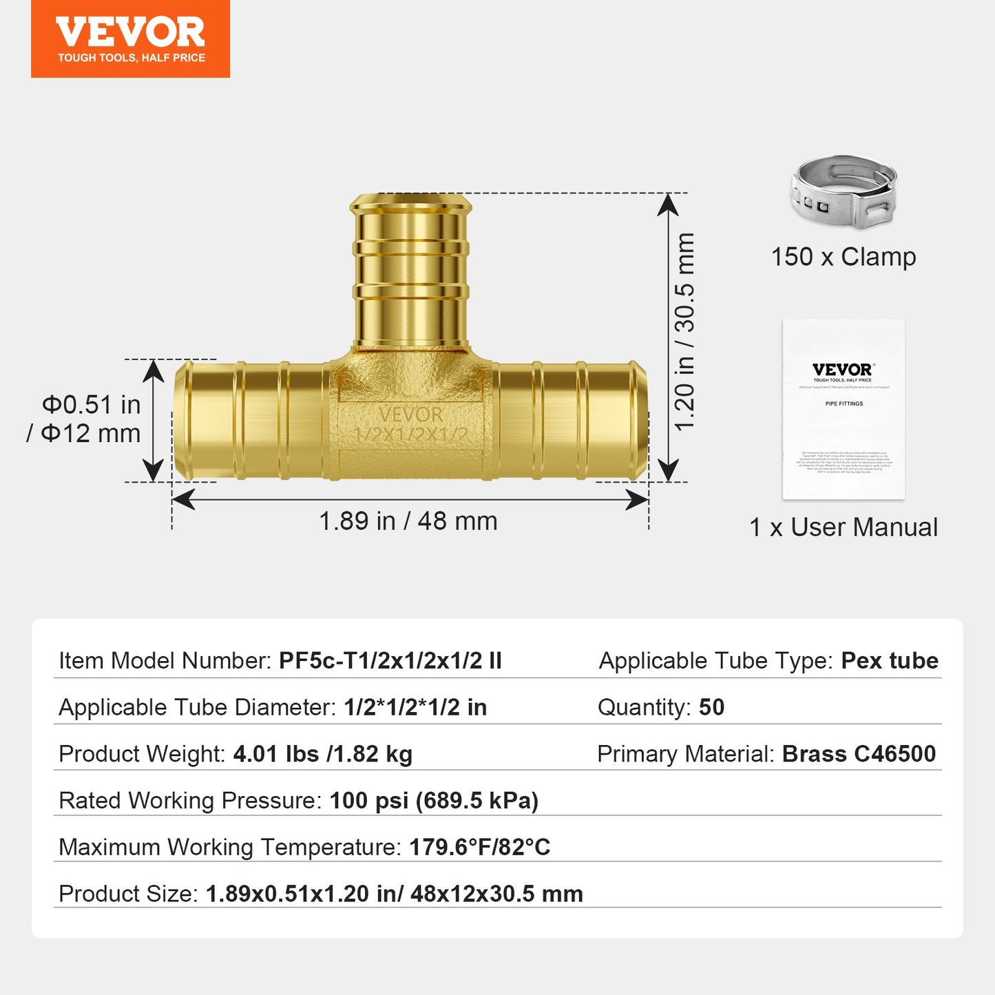 Pipe Fittings, 1/2" 50PCS Brass Pipe Fittings, Clamp-style Tee Pipe Connector Brass Air Fittings, Heavy Duty Plumbing Fittings Tube Adapter for Heating/Shower Systems,Outdoor Water Pipes