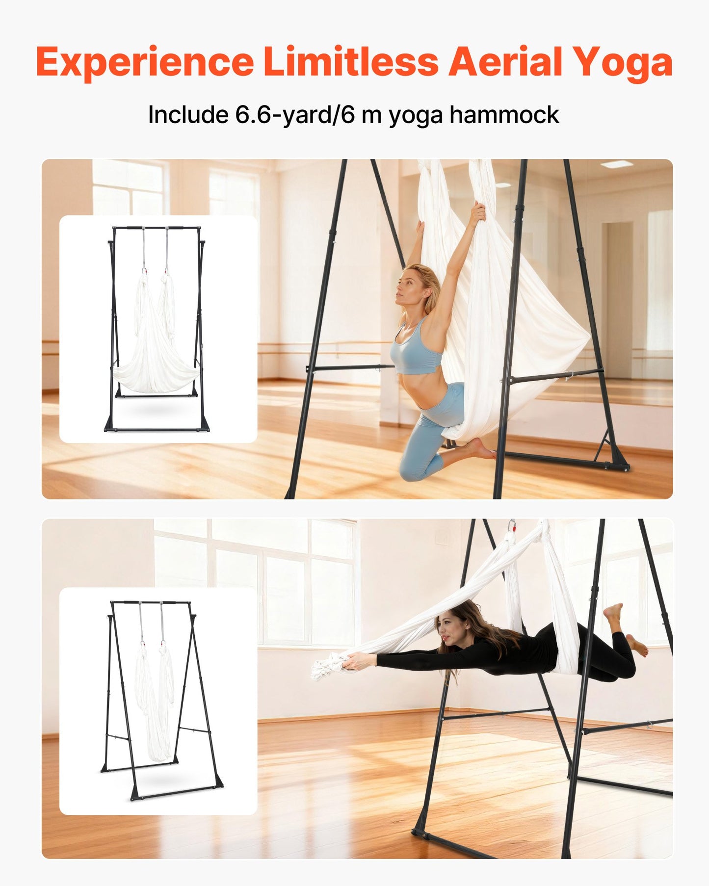 Yoga Stand Frame, Max 440.9 lbs Load Swing Stand, Triangular Structure Aerial Rig, Aerial Silk Stands with EVA Foam & 6.6-yard Yoga Hammock, 4-Level Horizontal & 6-Level Vertical Adjustment