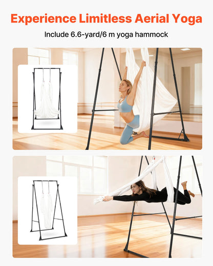 Yoga Stand Frame, Max 440.9 lbs Load Swing Stand, Triangular Structure Aerial Rig, Aerial Silk Stands with EVA Foam & 6.6-yard Yoga Hammock, 4-Level Horizontal & 6-Level Vertical Adjustment