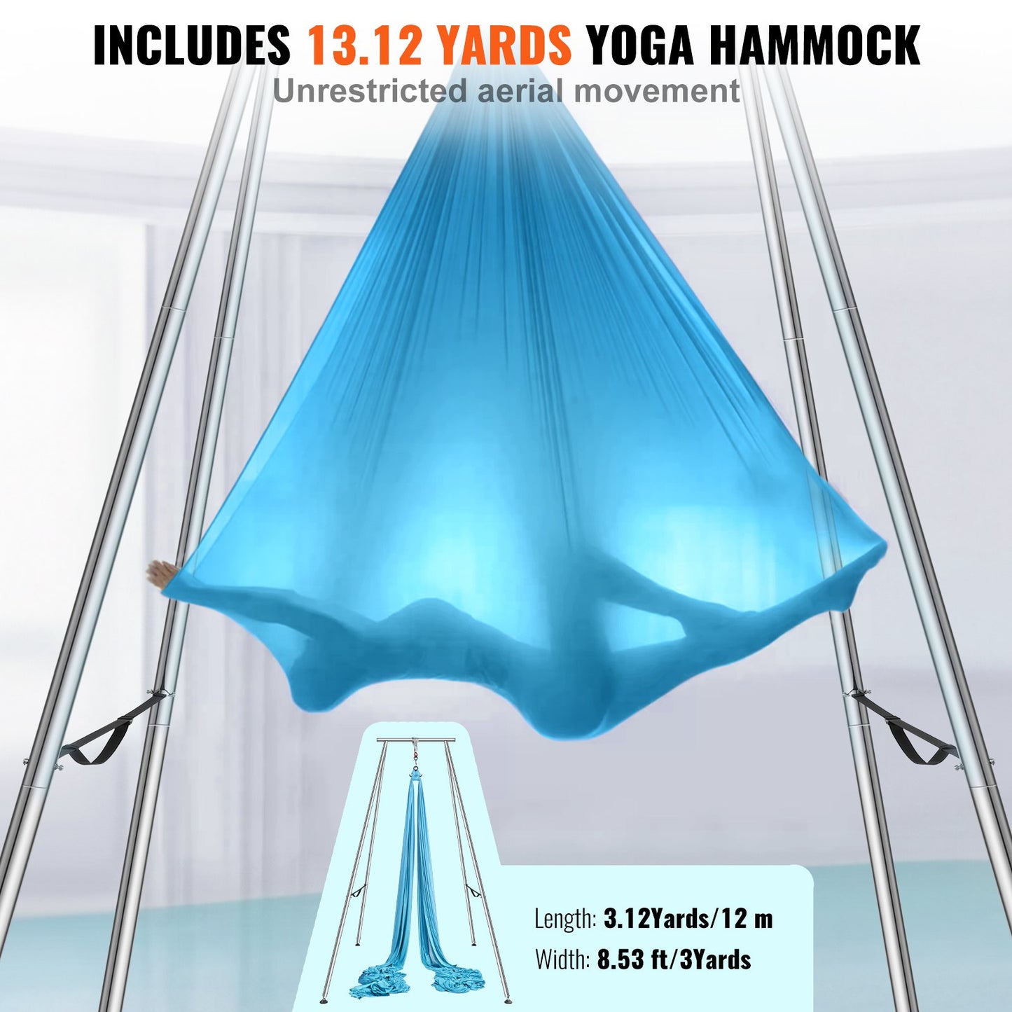 Aerial Yoga Ram & Yoga Hängmatta, 9,67 ft Höjd Professionell Yoga Swing Stand Levereras med 13,1 Yards Aerial Hammock, Max 551,15 lbs Lastkapacitet Yoga Rigg för inomhus utomhus Aerial Yoga, blå