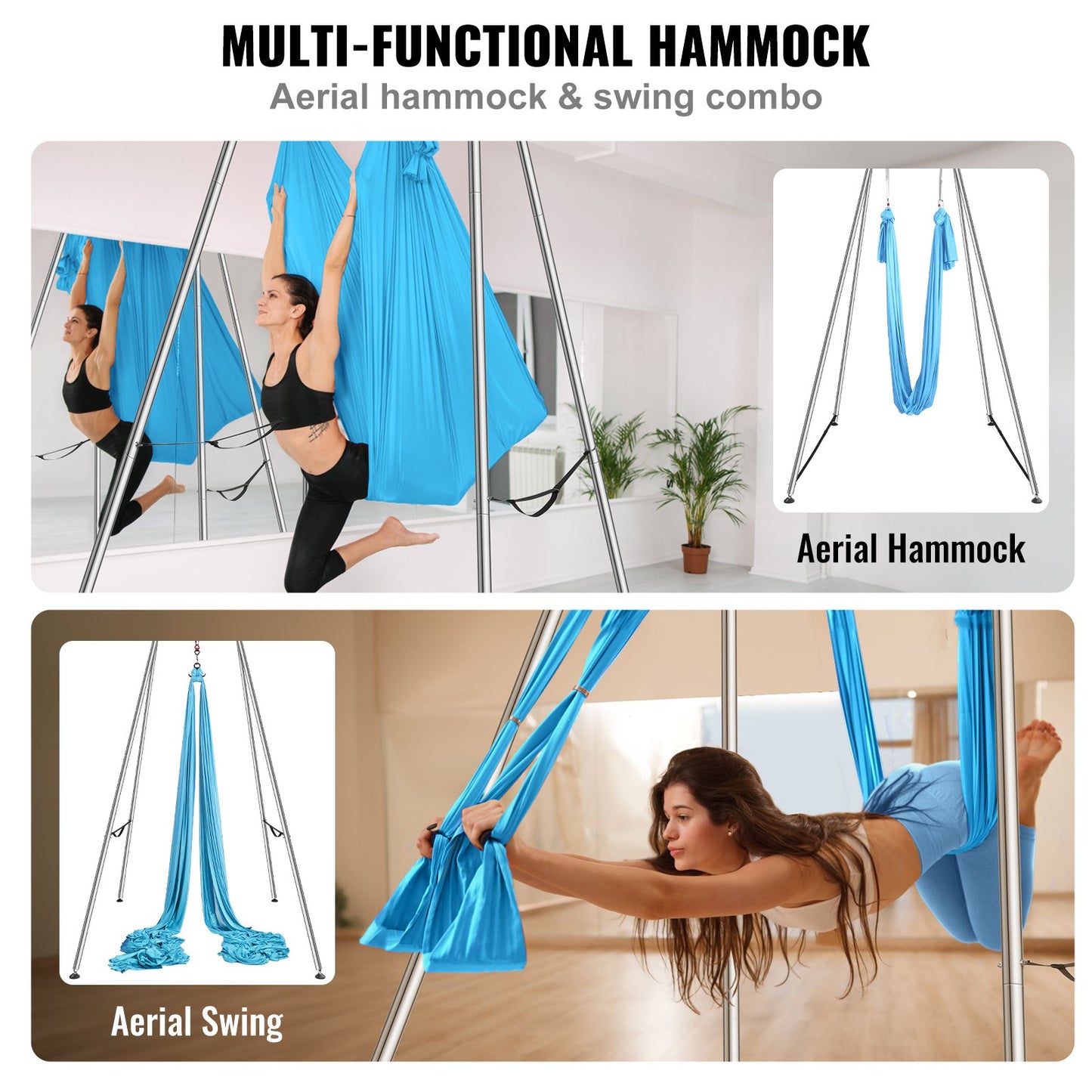 Aerial Yoga Ram & Yoga Hängmatta, 9,67 ft Höjd Professionell Yoga Swing Stand Levereras med 13,1 Yards Aerial Hammock, Max 551,15 lbs Lastkapacitet Yoga Rigg för inomhus utomhus Aerial Yoga, blå