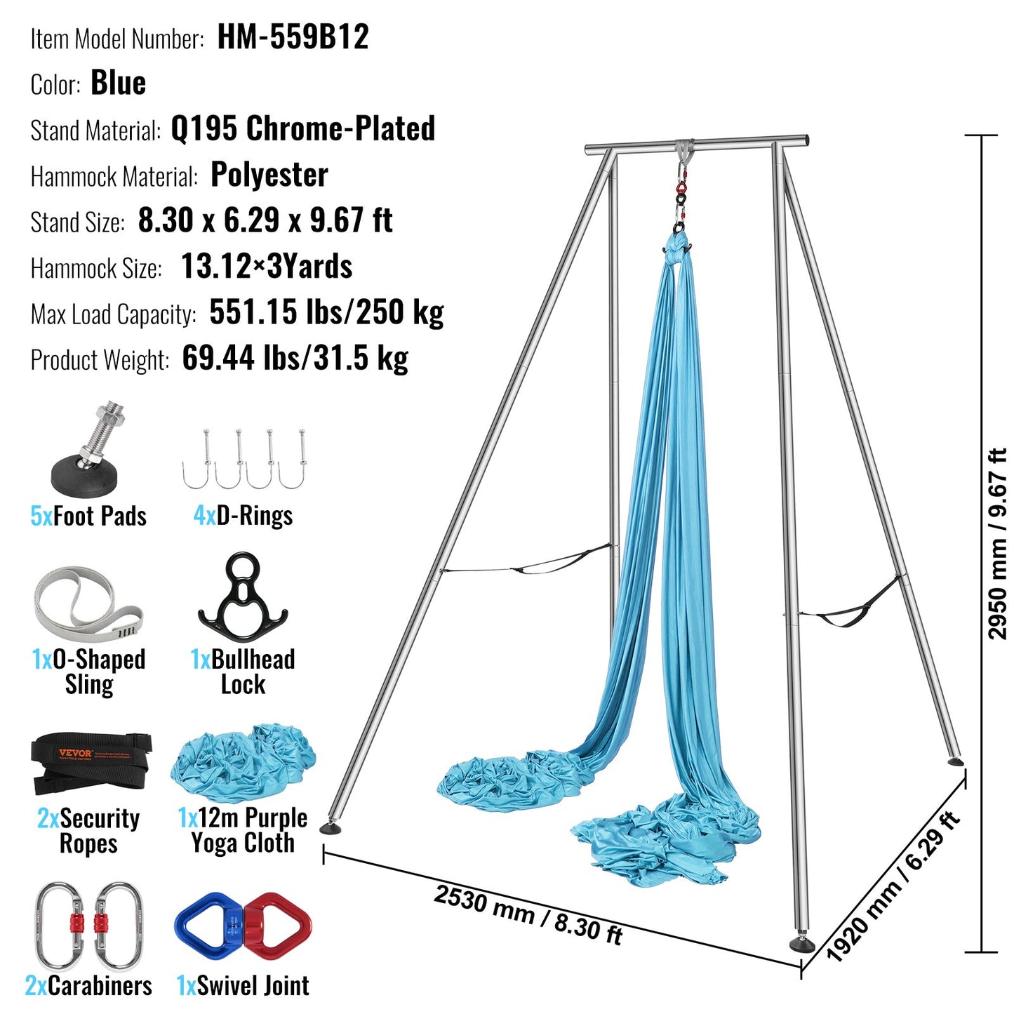 Aerial Yoga Frame & Yoga Hammock, 9.67 ft Height Professional Yoga Swing Stand Comes with 13.1 Yards Aerial Hammock, Max 551.15 lbs Load Capacity Yoga Rig for Indoor Outdoor Aerial Yoga, Blue