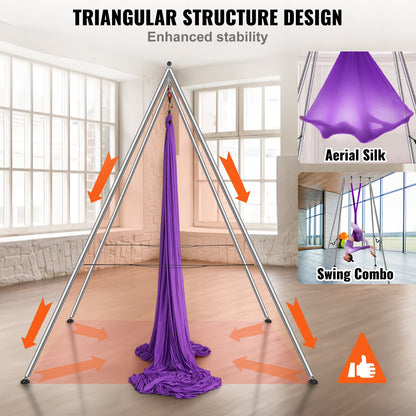 Aerial-Yoga-Rahmen und Yoga-Hängematte, 3,9 m hoch, professioneller Yoga-Schaukelständer mit 12 m langer Aerial-Hängematte, maximale Tragkraft 250 kg, Yoga-Rig für Aerial-Yoga im Innen- und Außenbereich, Lila