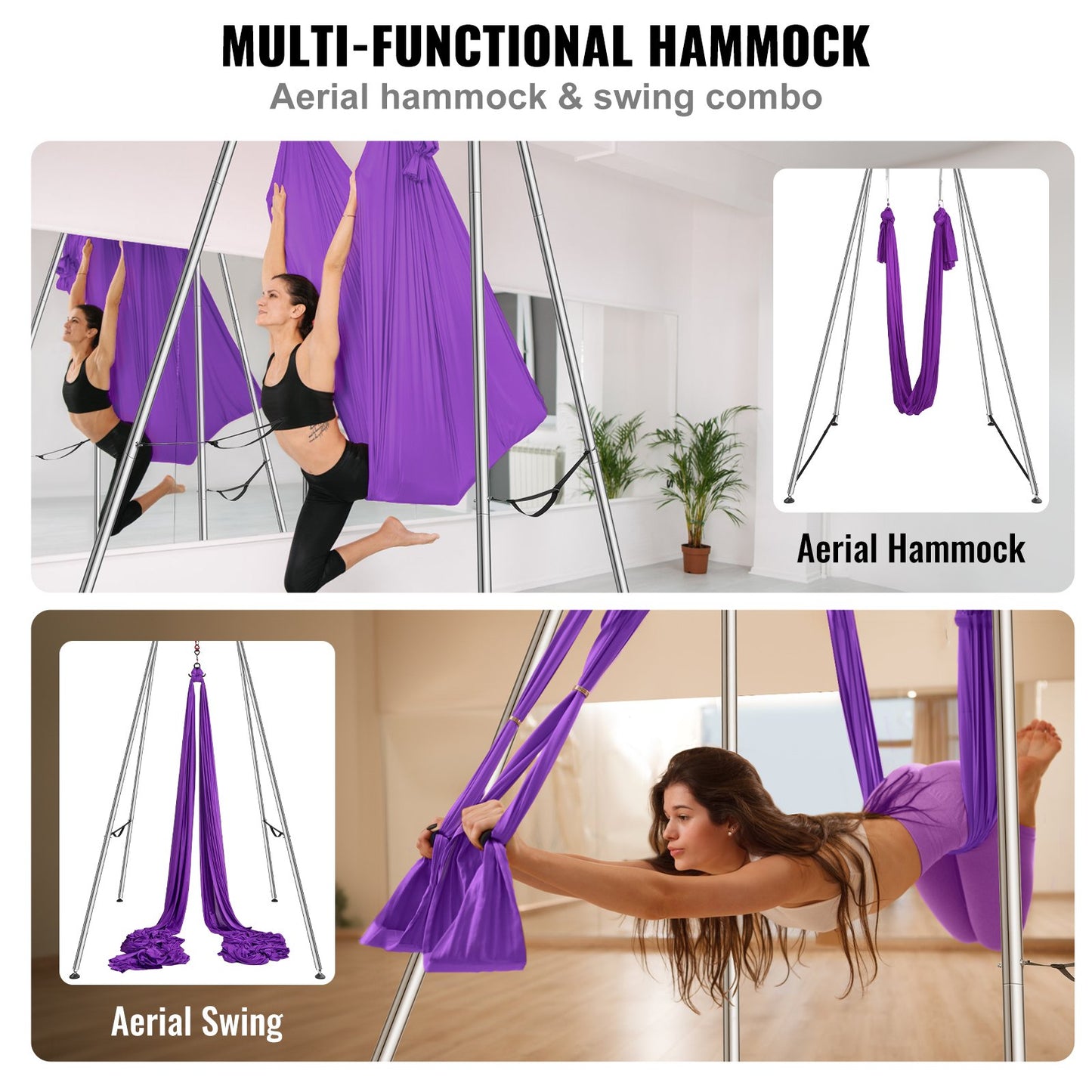 Aerial-Yoga-Rahmen und Yoga-Hängematte, 3,9 m hoch, professioneller Yoga-Schaukelständer mit 12 m langer Aerial-Hängematte, maximale Tragkraft 250 kg, Yoga-Rig für Aerial-Yoga im Innen- und Außenbereich, Lila