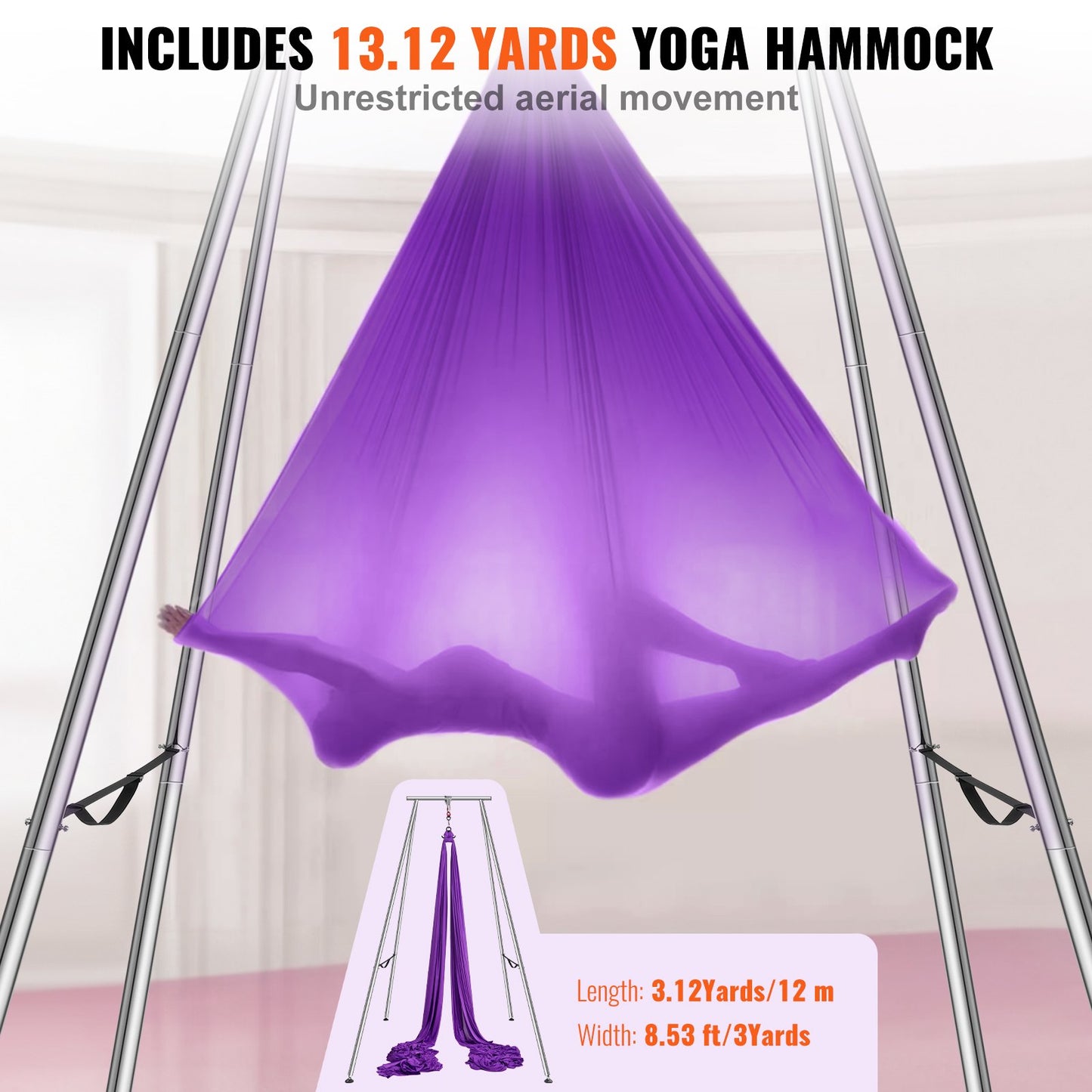 Aerial Yoga Frame & Yoga Hammock, 9.67 ft Height Professional Yoga Swing Stand Comes with 13.1 Yards Aerial Hammock, Max 551.15 lbs Load Capacity Yoga Rig for Indoor Outdoor Aerial Yoga, Purple
