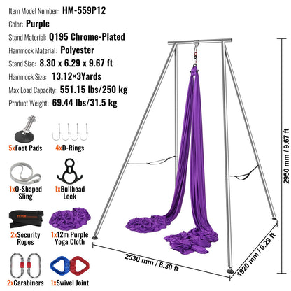 Aerial Yoga Frame & Yoga Hammock, 9.67 ft Height Professional Yoga Swing Stand Comes with 13.1 Yards Aerial Hammock, Max 551.15 lbs Load Capacity Yoga Rig for Indoor Outdoor Aerial Yoga, Purple