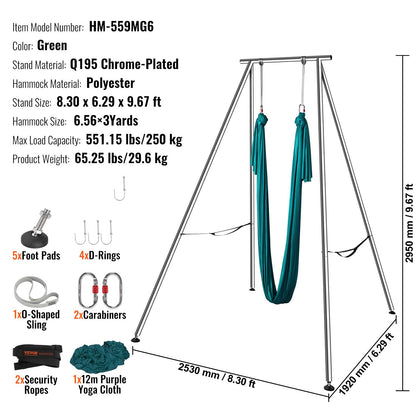 Aerial Yoga Frame & Yoga Hammock, 9.67 ft Height Professional Yoga Swing Stand Comes with 6.6 Yards Aerial Hammock, Max 551.15 lbs Load Capacity Yoga Rig for Indoor Outdoor Aerial Yoga, Green