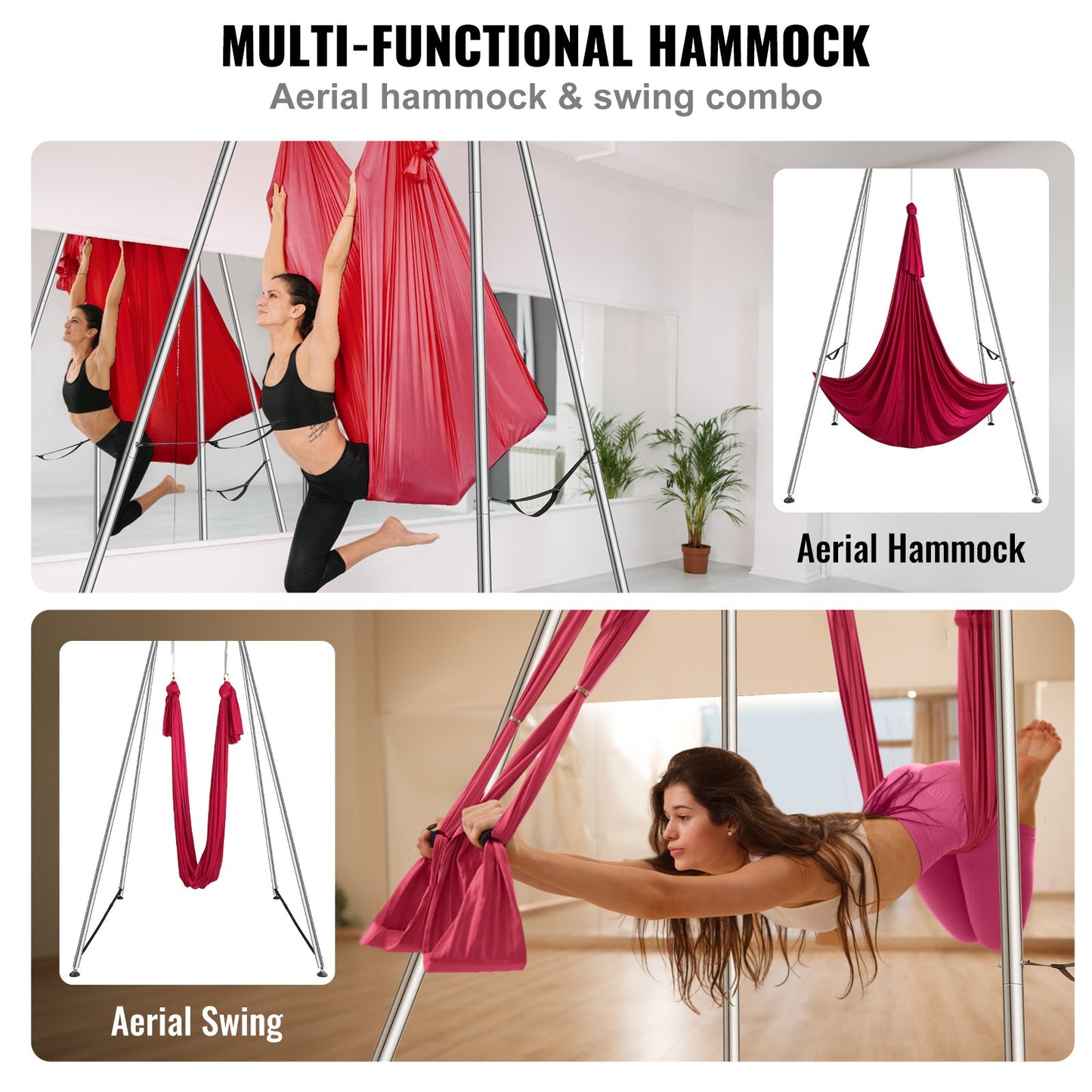 Aerial Yoga Ram & Yoga Hängmatta, 9,67 ft Höjd Professionell Yoga Swing Stand Levereras med 6,6 Yards Aerial Hammock, Max 551,15 lbs lastkapacitet, Yoga Rigg för inomhus utomhus Aerial Yoga, Röd