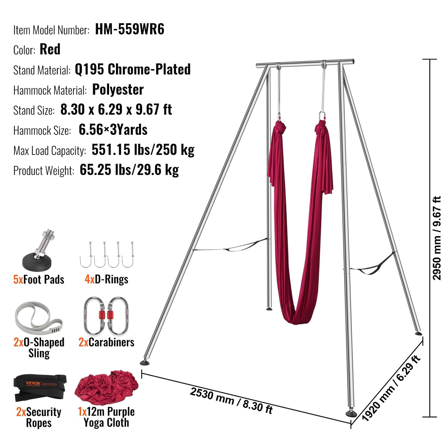 Aerial Yoga Frame & Yoga Hammock, 9.67 ft Height Professional Yoga Swing Stand Comes with 6.6 Yards Aerial Hammock, Max 551.15 lbs Load Capacity, Yoga Rig for Indoor Outdoor Aerial Yoga, Red