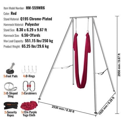 Aerial Yoga Frame & Yoga Hammock, 9.67 ft Height Professional Yoga Swing Stand Comes with 6.6 Yards Aerial Hammock, Max 551.15 lbs Load Capacity, Yoga Rig for Indoor Outdoor Aerial Yoga, Red