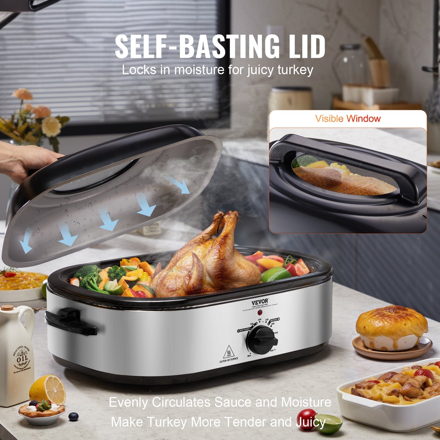 Electric Roaster Oven, 22 QT Turkey Roaster Oven with Self-Basting Lid, 1450W Roaster Oven with Defrost & Warm Function, Adjustable Temp, Removable Pan & Rack, Fits Turkeys Up to 26LBS, Silver