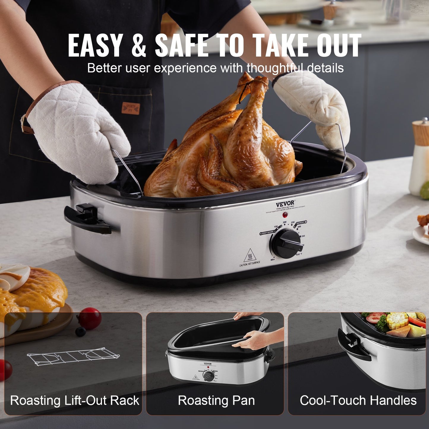 Electric Roaster Oven, 22 QT Turkey Roaster Oven with Self-Basting Lid, 1450W Roaster Oven with Defrost & Warm Function, Adjustable Temp, Removable Pan & Rack, Fits Turkeys Up to 26LBS, Silver