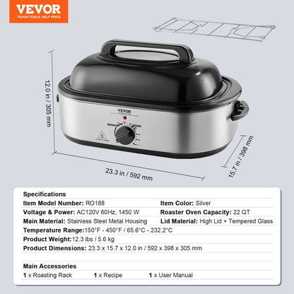 Electric Roaster Oven, 22 QT Turkey Roaster Oven with Self-Basting Lid, 1450W Roaster Oven with Defrost & Warm Function, Adjustable Temp, Removable Pan & Rack, Fits Turkeys Up to 26LBS, Silver