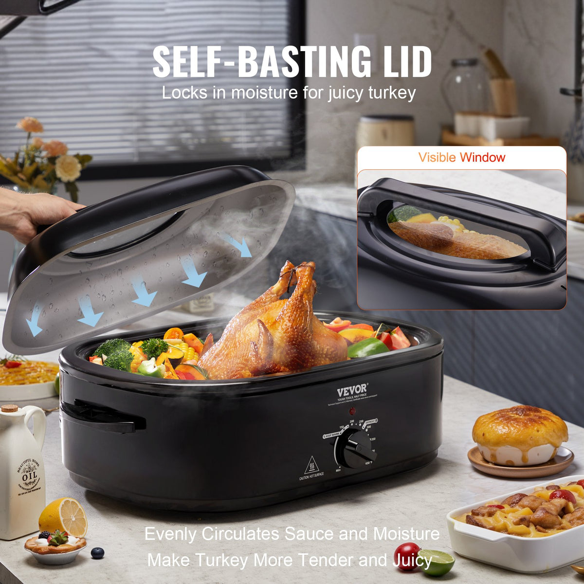 Electric Roaster Oven, 24 QT Turkey Roaster Oven with Self-Basting Lid, 1450W Roaster Oven with Defrost & Warm Function, Adjustable Temp, Removable Pan & Rack, Fits Turkeys Up to 28LBS, Black