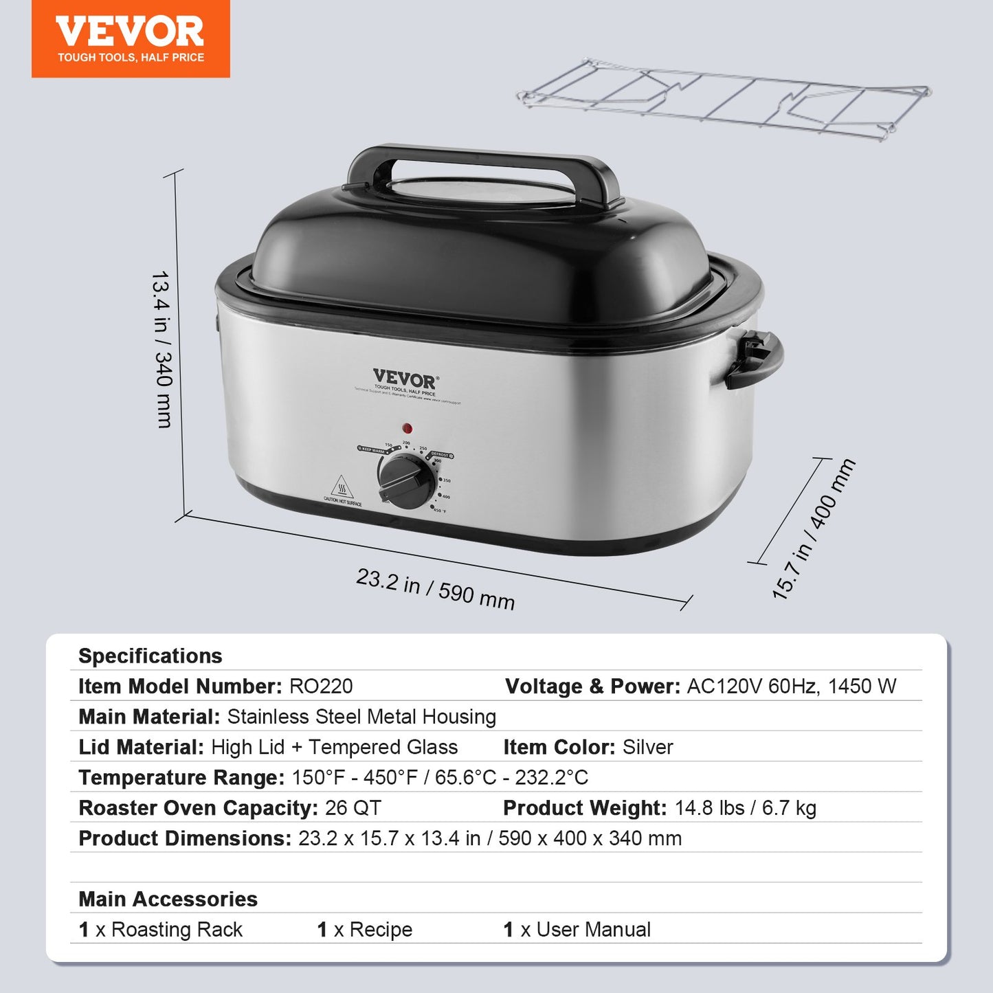 Electric Roaster Oven, 26 QT Turkey Roaster Oven with Self-Basting Lid, 1450W Roaster Oven with Defrost & Warm Function, Adjustable Temperature, Removable Pan & Rack, Fits Turkeys Up to 30LBS